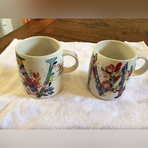 Two Anthropologie Coffee Mug Starla M Halfmann Letters M and V